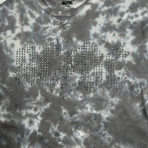 NWT AC/DC  Sz S Tie Dye Short Sleeve Jeweled‎ Studded Spellout Concert Tee Shirt - Picture 2 of 10